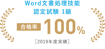 Word文書処理技能認定試験1級 【合格率】100% ［2019年度実績］