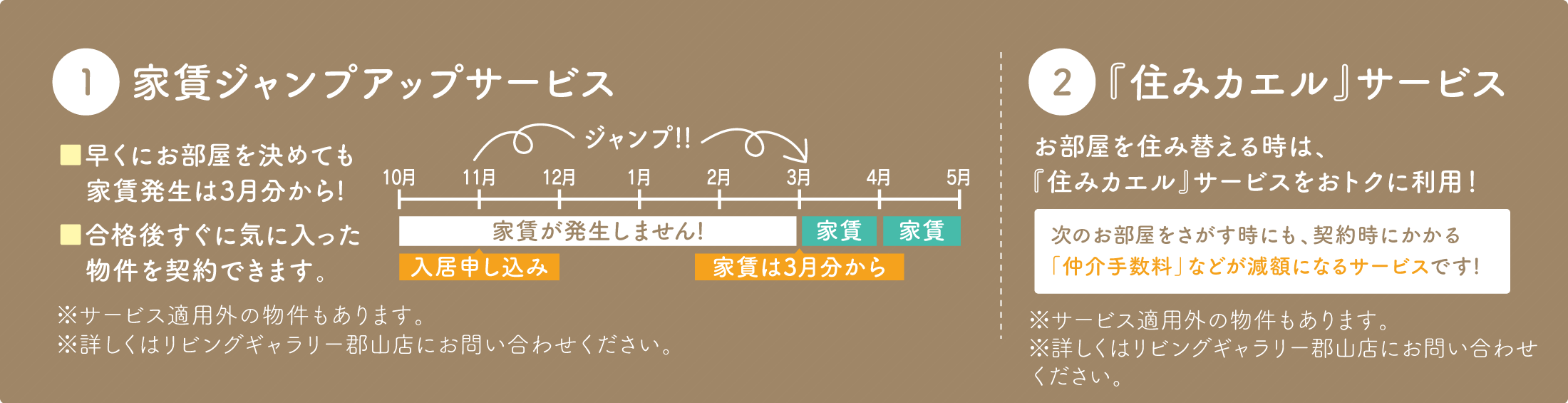 ①家賃ジャンプアップサービス／②『住みカエル』サービス